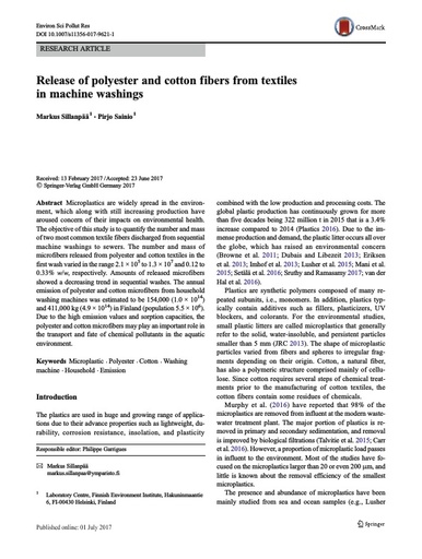 Sillanpaa et al. (2017). Release of polyester and cotton fibers from textiles in machine washings