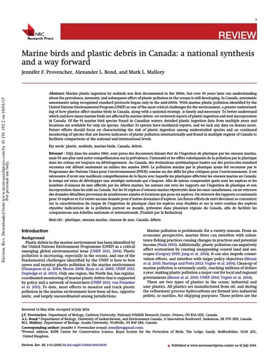 Provencher, J. F., et al. (2014). "Marine birds and plastic debris in Canada: a national synthesis and a way forward." Environmental Reviews 23(1): 1-13.