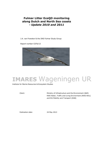 Van Franeker et al. (2013). Fulmar Litter EcoQO monitoring along Dutch and North Sea coasts - Update 2010 and 2011