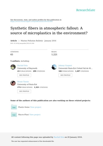 Dris et al. (2016). Synthetic fibers in atmospheric fallout: A source of microplastics in the environment?