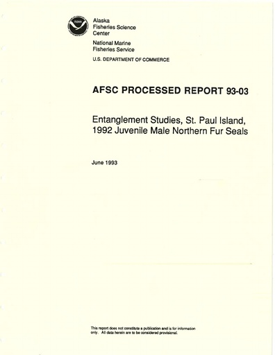 Fowler, C. W., J. D. Baker, R. Ream, B. W. Robson and M. Kiyota (1993). Entanglement studies on juvenile male northern fur seals, St. Paul Island, 1992. Alaska Fisheries Center. AFSC Processed Report No. 93-03.