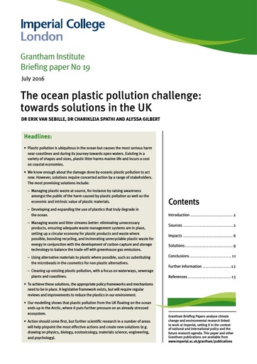 Van Sebille et al. (2016). The ocean plastic pollution challenge: towards solutions in the UK