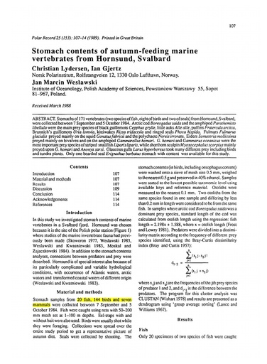 Lydersen et al. (1989). Stomach contents of autumn-feeding marine vertebrates from Hornsund, Svalbard