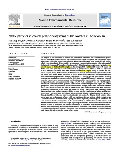 Doyle, M. J., et al. (2011). "Plastic particles in coastal pelagic ecosystems of the Northeast Pacific ocean." Marine environmental research 71(1): 41-52.