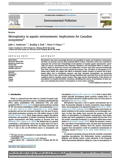 Anderson, J. C., et al. (2016). "Microplastics in aquatic environments: Implications for Canadian ecosystems." Environmental Pollution 218: 269-280.
