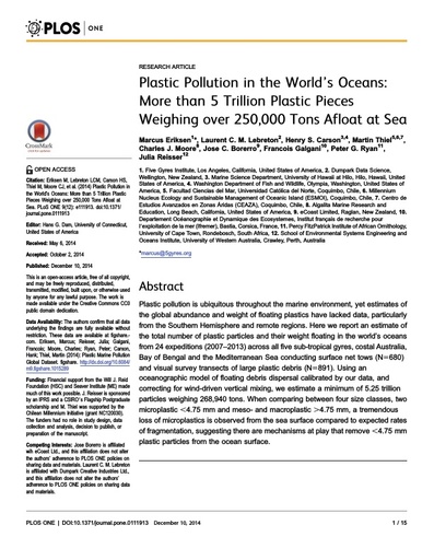 Eriksen et al. (2014). Plastic Pollution in the World’s Oceans: More than 5 Trillion Plastic Pieces Weighing over 250,000 Tons Afloat at Sea