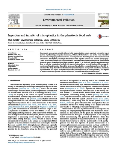 Setala et al. (2014). Ingestion and transfer of microplastics in the planktonic food web