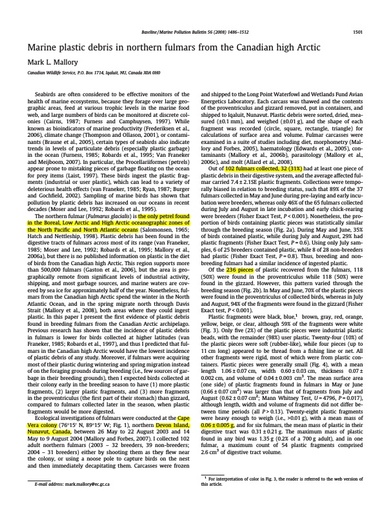 Mallory, M. L. (2008). "Marine plastic debris in northern fulmars from the Canadian high Arctic." Marine Pollution Bulletin 56(8): 1501-1504.