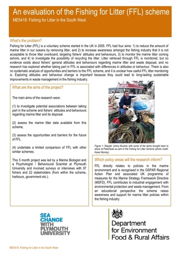 Department for Environment Food and Rural Affairs (2016). An evaluation of the Fishing for Litter (FFL) scheme