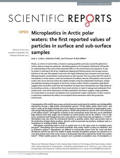 Lusher, A. L., et al. (2015). "Microplastics in Arctic polar waters: the first reported values of particles in surface and sub-surface samples." Scientific reports 5.