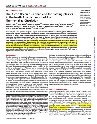 Cózar, A., et al. (2017). "The Arctic Ocean as a dead end for floating plastics in the North Atlantic branch of the Thermohaline Circulation." Science advances 3(4): e1600582.