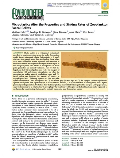 Cole, M., P. K. Lindeque, E. Fileman, J. Clark, C. Lewis, C. Halsband and T. S. Galloway (2016). Microplastics Alter the Properties and Sinking Rates of Zooplankton Faecal Pellets. Environ Sci Technol, 50(6): 3239-3246